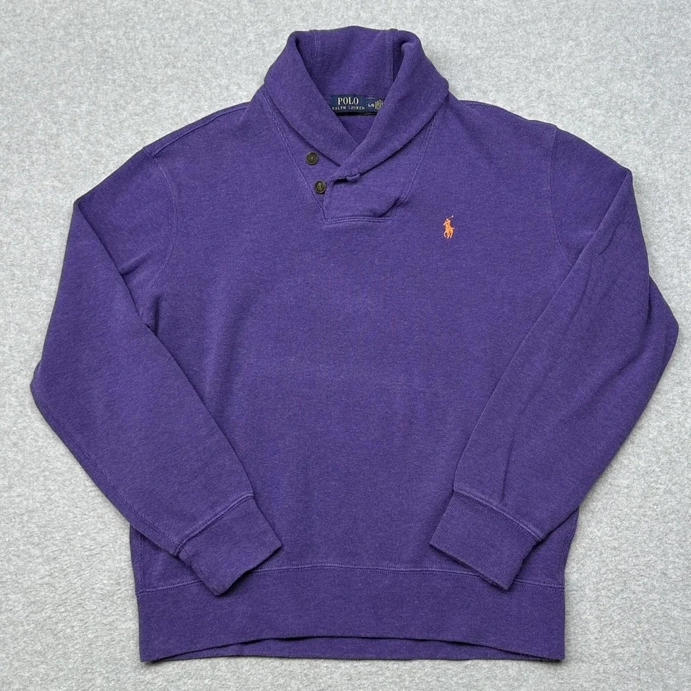 Polo Ralph Lauren Sweatshirt Mens Large Purple Shawl Collar Button Pony‎ Logo